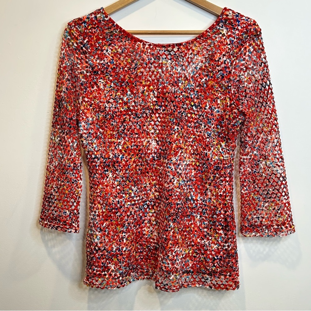 Peck & Peck Mesh Top Lined Red Multicolour 3/4 Sleeve Made in USA